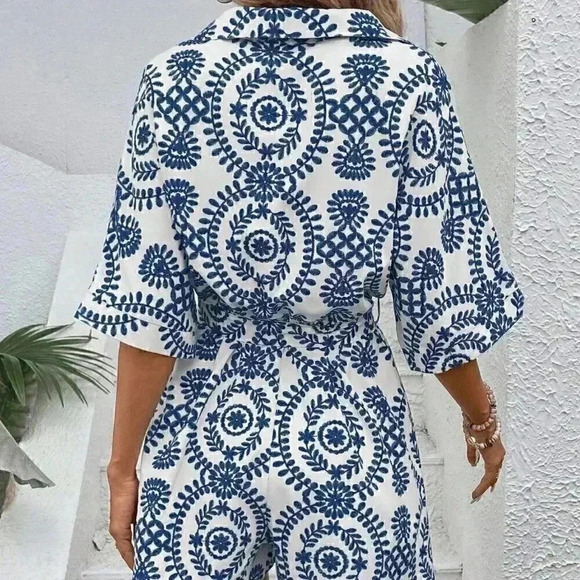 Blue Boho Women's Summer Beach Floral Printed Shirt Jumpsuit Shorts - Picture 2 of 5